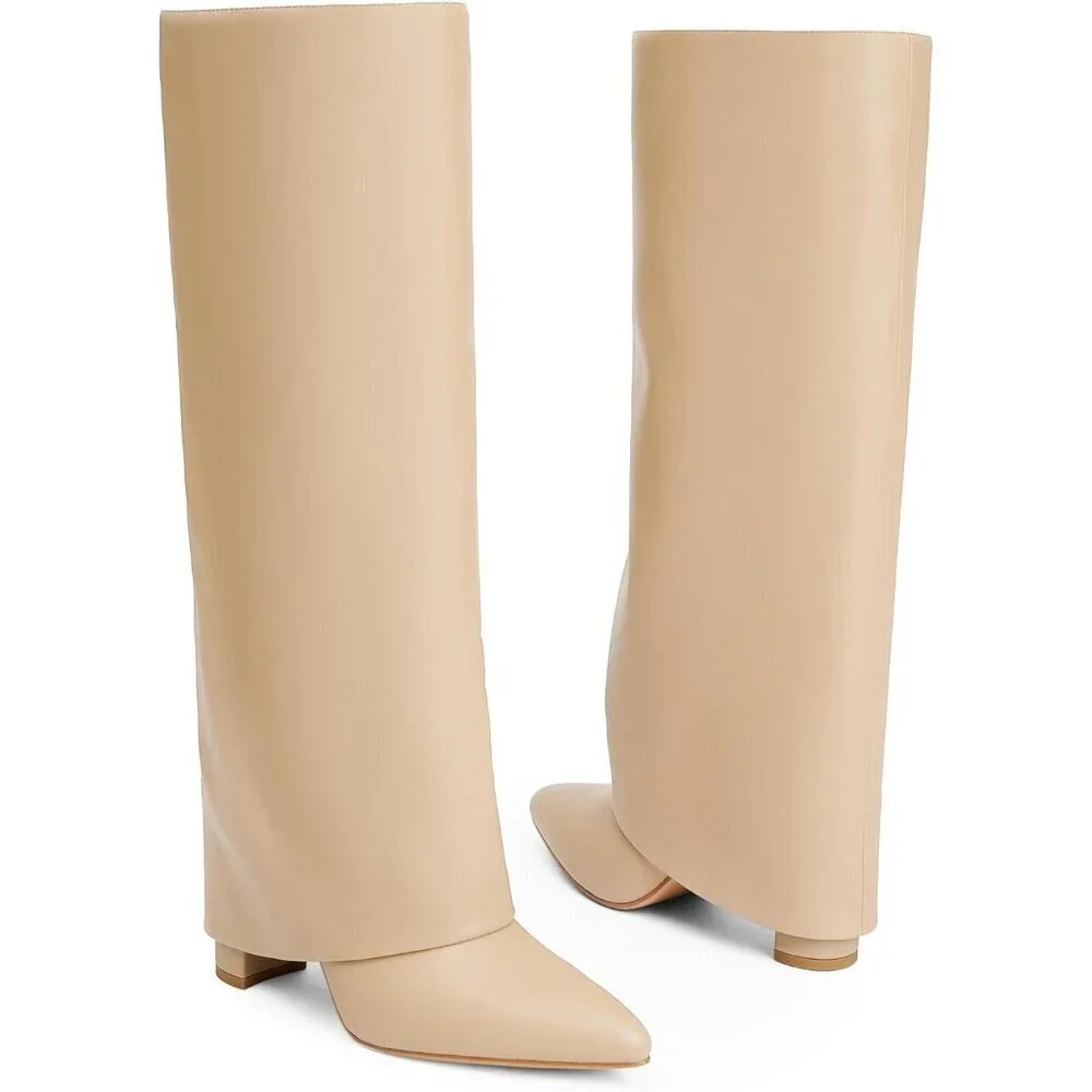 Women Nude Pu Leather Fold Over Knee High Dress Tall Chunky High Heels Long Boot